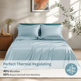 Shilucheng 6 Piece Queen Sheet Sets, Cooling Sheets, Blend Rayon Derived from Bamboo, Deep Pocket Up to 16", Breathable & Soft Bed Sheets, Hotel Silky Bedding Set, Spa Blue