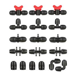 La Farah Drip Irrigation Fittings Kit for 1/2 Inch Tubing -18 Pieces Set- 3 Tees,3 Switch Valves,3 T Connectors,2 Elbows,3pcs 1/2" to 1/4" tubing Reducers,4 End Cap, Barbed Locked Nuts Connectors