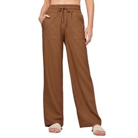Willit Women Linen Pants Wide Leg Casual Palazzo Pants Cotton Linen Lounge Beach Summer Pants with Pockets 31" Caramel L