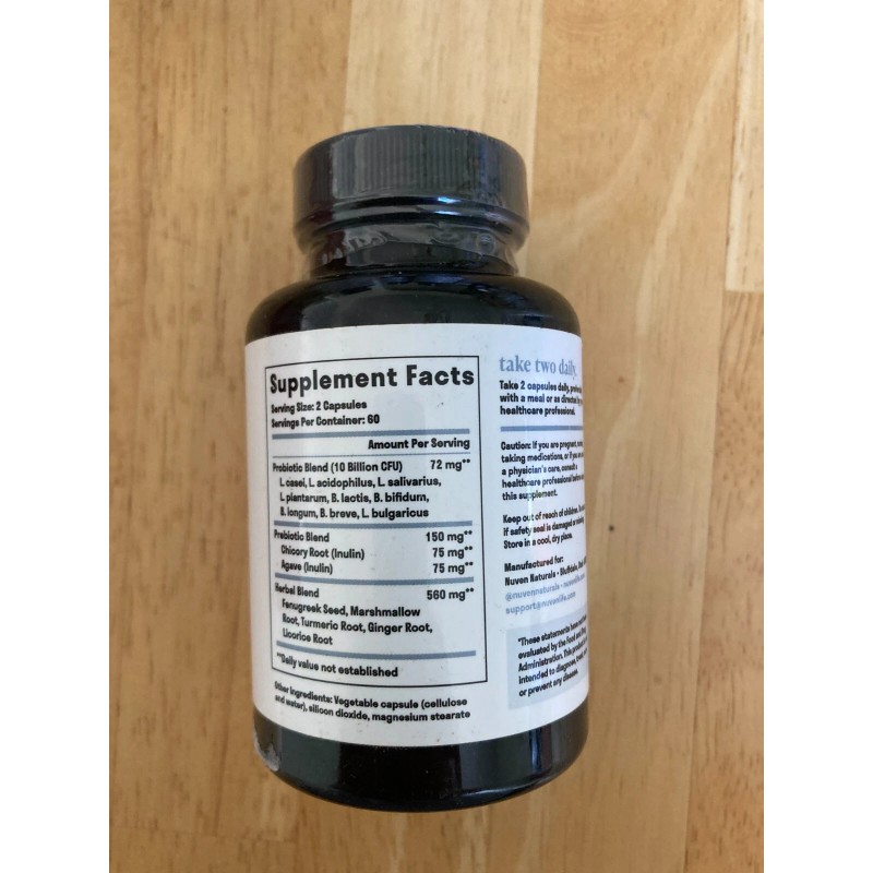 Nuven Naturals Gut Health Prebiotic Probiotic 120 Capsules Natural Herbs