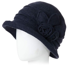 Fancet Womens Wool Felt Bucket Hat 1920s Vintage Cloche Hats for Ladies Church Derby Fashion Bowler Warm Soft Winter Hat Navy