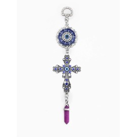 LUCKBOOSTIUM Blue Crystal Inlayed Cross & Blue Mandala Evil Eye Amulet w/Hanging Healing Stone - Nature, Energy, Rebirth, Growth Charms - Car & Home Charm Ornament (2"x8", Amethyst)