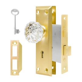 Mortise Lock Set for Interior Door - Vintage Crystal Glass Door Knobs with Skeleton Key & Polished Gold/Brass Finish
