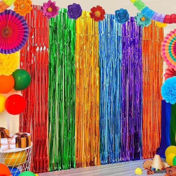 Fiesta Party Decorations Foil Fringe Curtains Backdrop 2 Pack Rainbow