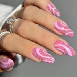 DOCVOEOMH Almond Shaped Press on Nails Medium Nude Pink Acrylic Fake Press Ons Nails with Wave Lines Design Glue on Glossy Full Cover Artificial False Stick on Nail for Girls Women Daily Wear 24PCS