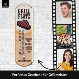 LANOLU Retro Thermometer Grill Area – Grill Sign Garden Outdoor – Decorative Garden Vintage Signs – Tin Sign Grill Gifts Sign Metal Analogue Thermometer 8 x 28 cm