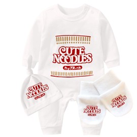 YSCULBUTOL Baby Bodysuit Fun Toddler Ramen Newborn Gloves Girls Outfit Noodle Funny Baby Costume Jumpsuit with Hat Bags(white gloves NU 6m