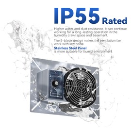 Abestorm 260CFM Crawl Space Ventilation Fan, IP-55 Rated Commercial Stainless Steel Vent Fan with Humidistat & Thermostat, 6.7 Inch Ventilator with Isolation Mesh for Crawlspace, Basement, Garage