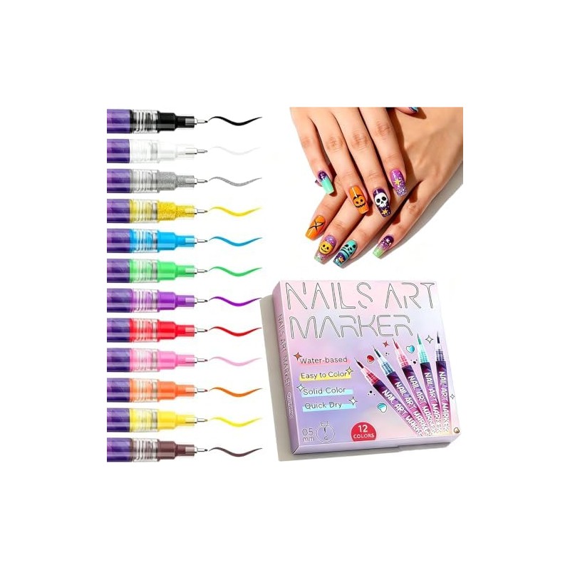 12 Rotuladores para Uñas 3D Secado Rápido, Decoración Nail Art