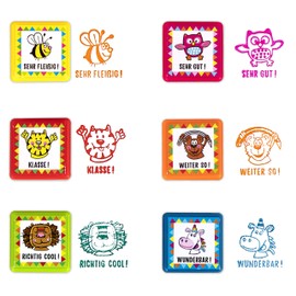 TRENDHAUS 601438 Self-Inking Teacher Stamps, 6 Colourful Motivational Stamps with Animal Motifs - 3 cm x 3 cm x 2 cm, Colourful