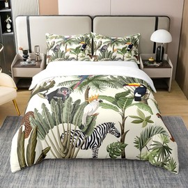 Castle Fairy Wild Birds Bedding Set 100% Pure Cotton King Size Watercolor Palm Trees Tropical Plants Duvet Cover Luxury Light Cute Toucan Monkey Animal Jungle Style Quilt Cover Set for Men Women Room