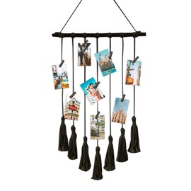 Kuailaihai Hanging Photo Display 27in L x 17in W Macrame Wall Hanging Clip Photo Holders Boho Room Decor, with 15 Wooden Clips, Gifts for Women Teen Girl Bedroom Decor Apartment Decor, Black