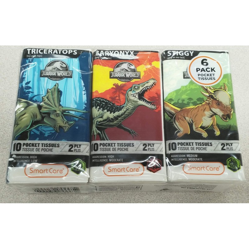 SMARTCARE Jurassic World Pocket Facial Tissue Featuring Triceratops, Baryonyx, and