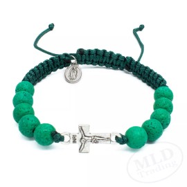 Our Lady of Guadalupe Medal Green Natural Lava Stone Beads Rosary Bracelet