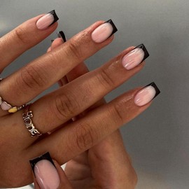Black French Tips Press on Nails Medium Square Fake Nails with Designs Glossy Skintones False Nail Reusable Full Cover Stick on Nail Cute Acrylic Nails Press ons-for Women Girls Manicure 24Pcs