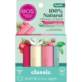 eos 100 Natural  Organic Lip Balm Sticks- Strawberry Sorbet, Vanilla Bean, Sweet Mint  Pomegranate Raspberry, Lip Care Products, 0.14 oz, 4-Pack