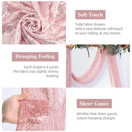 Wedding Arch Draping Fabric, 1 Panel 28" x19ft White Wedding Arch Drapes & 1 Panel 16" x19ft Rose Gold Sequin Fabric Drapes Arbor Backdrop Curtain for Wedding Arch Ceremony Bridal Shower Reception