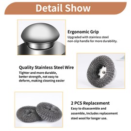 4pcs Steel Wool Scrubber with Replacement Wire Sponge Pads Set, Stainless Steel Scrubber with Handle for Scouring Stubborn Messes from Cast Iron, Pots, Pans, Grill, Stoves, Sink(2 Scrubber+2 Pads)