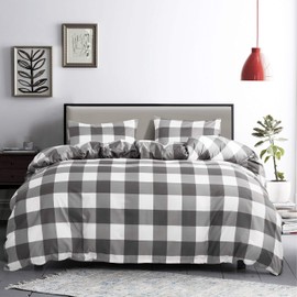 GETIANN Plaid Duvet Cover Set Queen Comforter Cover Set Full 90"x90"with 2 Pillow Shams Buffalo Check Gingham Geometric Checker Printed in White and Gray Bedding Set