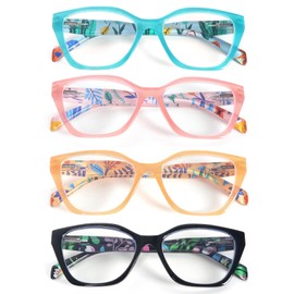 DXYXYO 4 Pack Cat Eye Reading Glasses for Women Floral, Blue Light Blocking Computer Readers with Spring Hinge, 1.5 Black+pink+brown+blue