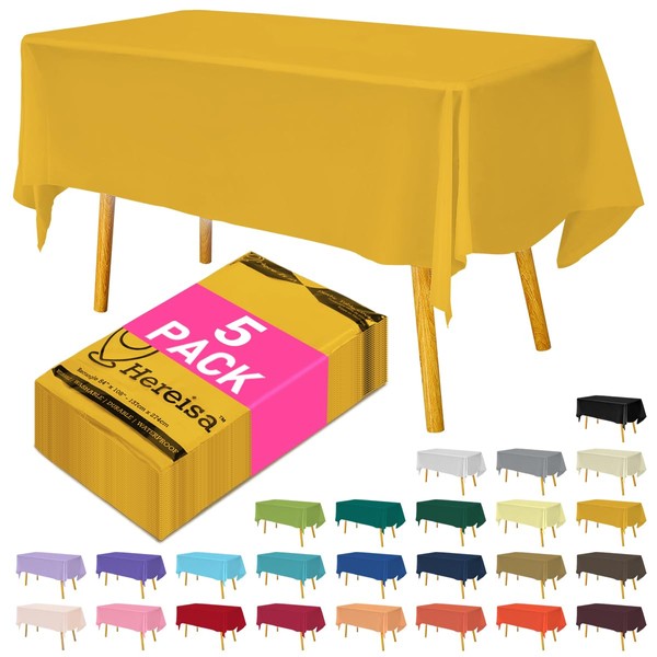 Hereisa Disposable Plastic Tablecloth Yellow 54x108 Inch, 5-Pack Waterproof Rectangular
