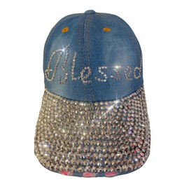 Popfizzy Handmade Blessed Hats for Women, Adult Rhinestone Bling Blessed Cap, Bedazzled Positivity Hats, Light Blue
