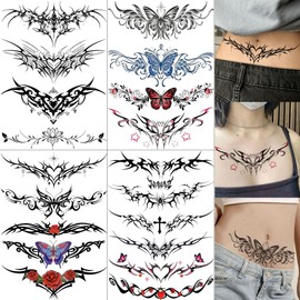 4 Sheets Y2K Tramp Stamp Temprary Tattoos For Women Adults Chest Waist Tattoo Sticker, Realistic Rose Butterfly Heart Belt Fake Belly Tattoos Waistband Decal Waterproof Long Lasting Temp Tatoos