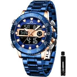 MEGALITH Watches for Men Military Digital: Blue Stainless Steel Waterproof Big Face - Analog Sport Chronograph Heavy Duty Stopwatch