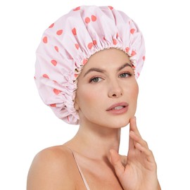 Luvruitaky Shower Caps for Women Reusable Waterproof with Adjustable Band Double Layer Design Large Luxury Washable Bath Hair Bonnet for Long Hair Braids (Pink Dot)