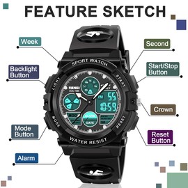 ATIMO Kids Sport Watch, 50M Water Resistant, Dual Time, Alarm, Stopwatch, LED Light, Calendar, Shock Resistant, Polyurethane Band