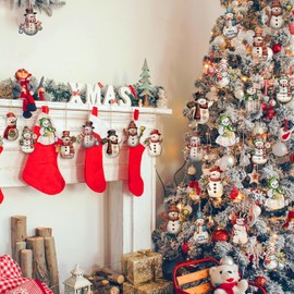 Pack of 24 Christmas Tree Pendants, 12 Designs Wooden Christmas Decoration Pendants, Wooden Decoration Christmas, Christmas Calendar Decoration, Christmas Tree Decoration (Red)