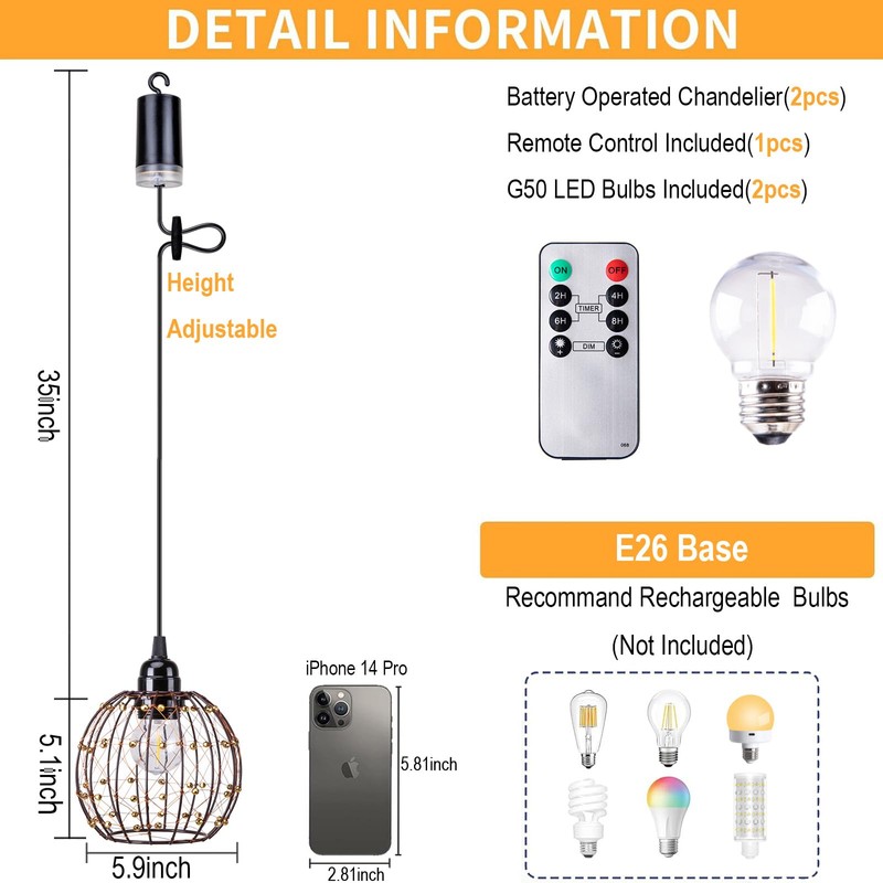 TWINKVILLA Hanging Pendant Lights, Battery Operated Outdoor Chandelier with Warm