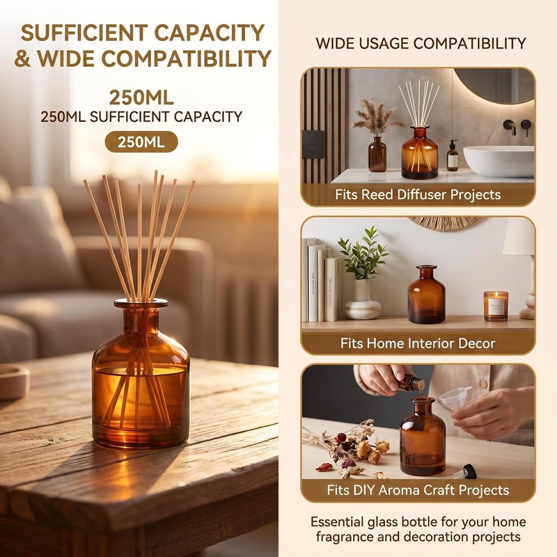 8.4oz Glass Reed Diffuser Bottles, Amber Fragrance Container