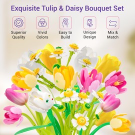Under the Baubles Tulips Flowers Bouquet Building Set - Artificial Flowers with Vase & Daisy - Botanical Collection & Art for Adults and Kids, Home Decor Gift for Her, Him, and Mothers -580pcs