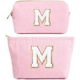 Pack of 2 Initial Makeup Bag, Corduroy Cosmetic Bag, Travel Toiletry Bag, Travel Utensils, Makeup Bag, Women, Christmas, Birthday Gift for Women, Girls, Sister, Pink Cosmetic Bag, m