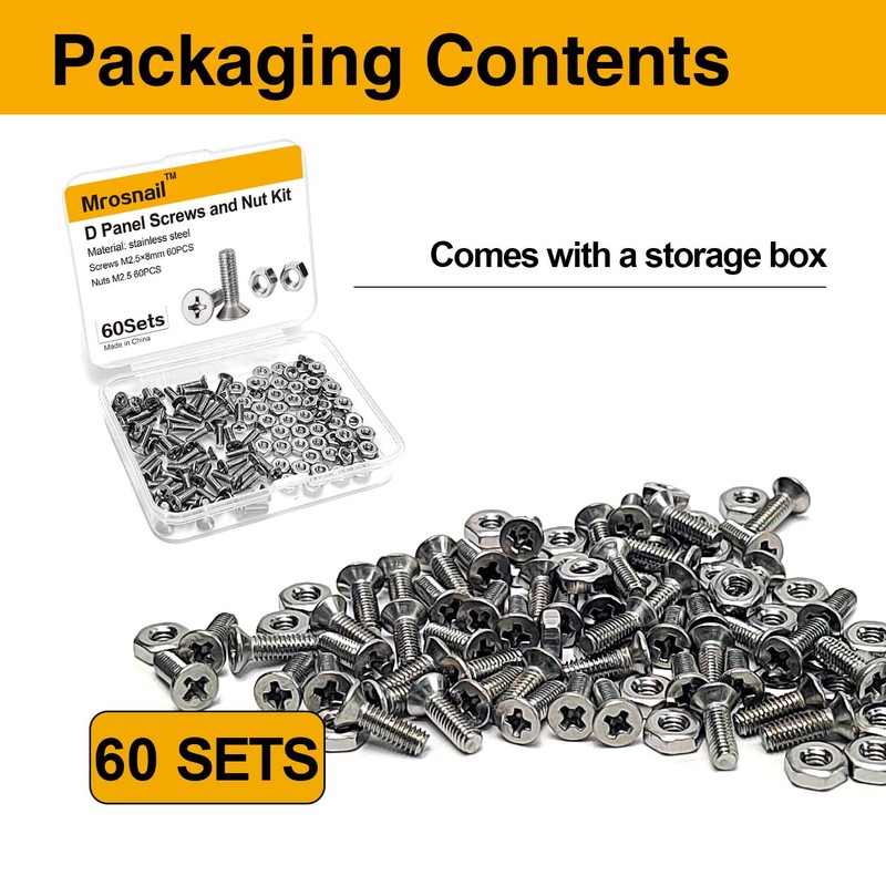Mrosnail 60Pcs D Series Panel Screw & Nut Kit, Stainless