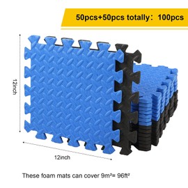 100 Pieces Foam Mats for Floor Covers 96 Sq Ft Puzzle Exercise Mat Square Interlocking Carpet Tiles with Border Protective Gym Floor Tiles for Workouts Equipment Yoga Pilates 12 x 12 (Black, Blue)