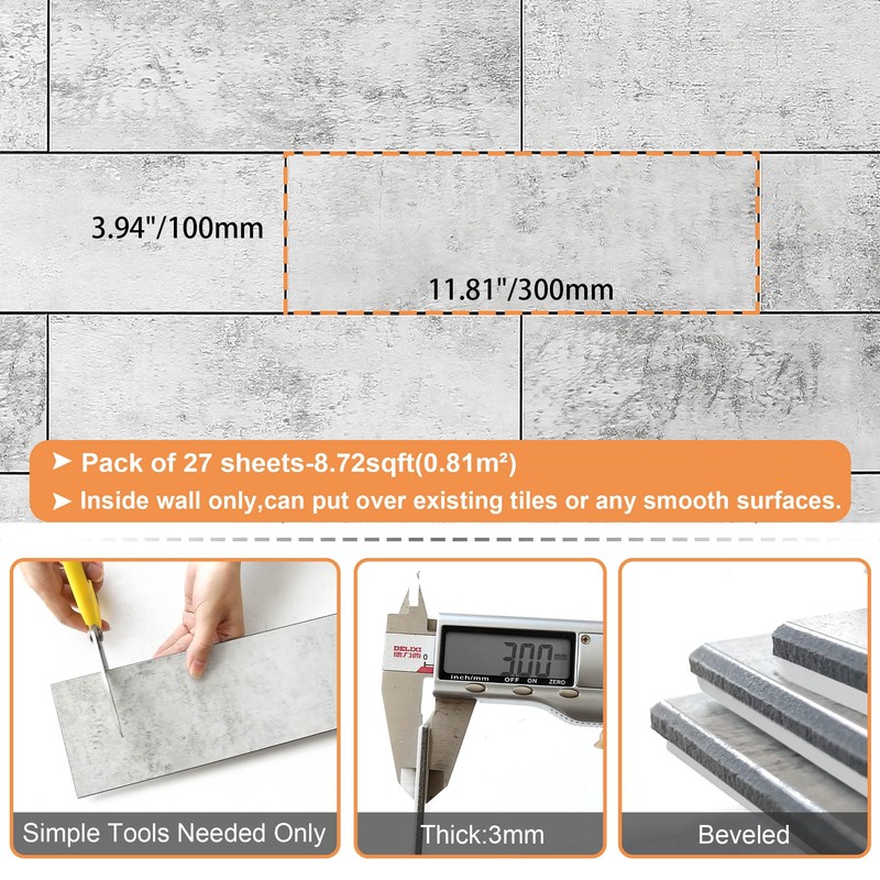 VAOVI Peel and Stick Subway Backsplash for Kitchen Tile(Gray 27pcs)