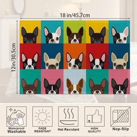 Cute Dog Placemats Set of 6,Boston Rerrier Linen Washable Kitchen Dining Table Mats Heat Resistant Place Mats for Home Party Indoor Holiday 12x18 Inch