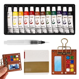 Mini Watercolour Set, Mini Palette, 15 Grid Wooden Palettes with 24 Colours Pigment, Sketchbook, Metal Clips, Watercolour Brush Pens for Painters, Artists, Students (B)