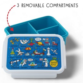 Tyrrell Katz Kids Space Printed Large Bento Lunch Box in Green - Children's Food Container with Clip Lock Lid and Removable Inner Dividers - 18.5 x 14.5 x 6.0 cm