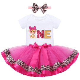 IBTOM CASTLE Farm Cow Giraffe Party Outfit for Baby Girl 1st Birthday Princess Romper+Tutu Skirt Set+Headband Photo Shoot, Leopard - Hot Pink One, 12 Months