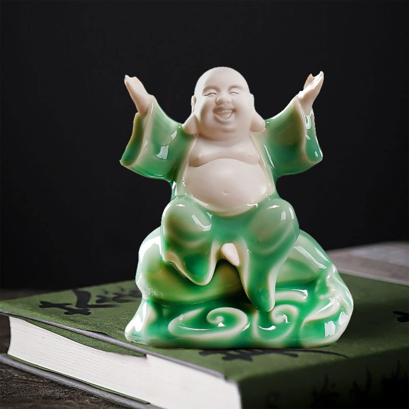 Houlu Small Green Fat Laughing Buddha Statue for Good Luck,