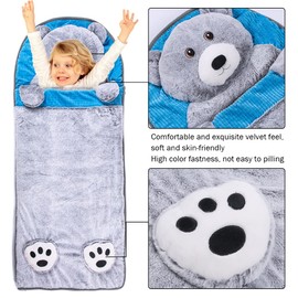 Wilonsa Sleeping Bag for Kids Happy Bear 51x21 Inches Surprise Animal Boys Girls Slumber Bags with Pillow for Daycare Preschool Kindergarten All Season Sleepy Bag Grizzly Bear