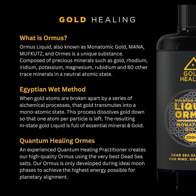 GOLD HEALING Liquid ORMUS 200ML 70% MONATOMIC Gold, 30% Magnesium,