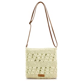 Bototack Summer Straw Bag for Women, Small Beach Crossbody Bag with Zipper and Adjustable Strap, Bohemian Weave Handmade Shoulder Handbags for Holiday Beach Travel (Creamy White)