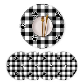 Placemats,Round Placemats Washable Polyester Table Mats Heat Resistant Placemats for Kitchen Dining Table Decoration Set of 4 - Black and White Plaid Dog Paws