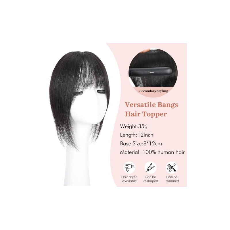 Matriarchs Postizos de cabello humano real para mujer, flequillo fino