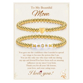 Mom Beaded Bracelet Set for Women, 2PCS 18K Gold Plated Mother Daughter Stackable Heart Bead Bracelet Chain, Inspirational Jewelry Birthday Mother's Day Gifts for Mom Grandmom