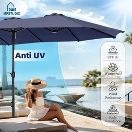 MFSTUDIO 15ft Double Sided Patio Umbrella with Base Included, Outdoor Large Rectangular Market Umbrellas with Crank Handle for Deck Pool Shade, Navy Blue